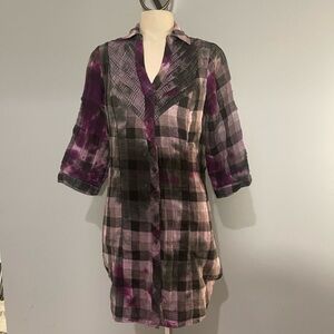 She's Cool purple and black plaid button up dress long shirt tie dye Medium